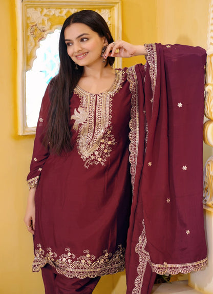 Maroon Heavy Chinon Suit With Sequence Embroidered Work