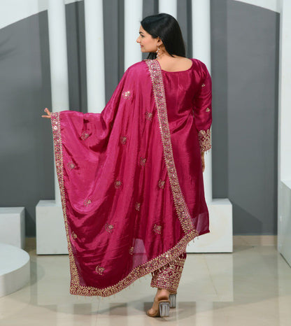 Gorgeous Heavy Chinon Suit With Sequence Embroidered Work