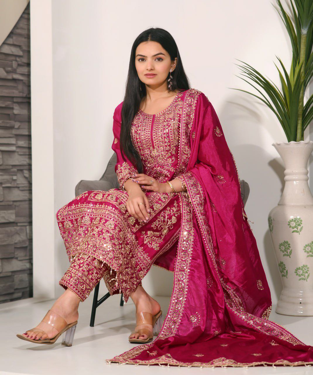 Gorgeous Heavy Chinon Suit With Sequence Embroidered Work