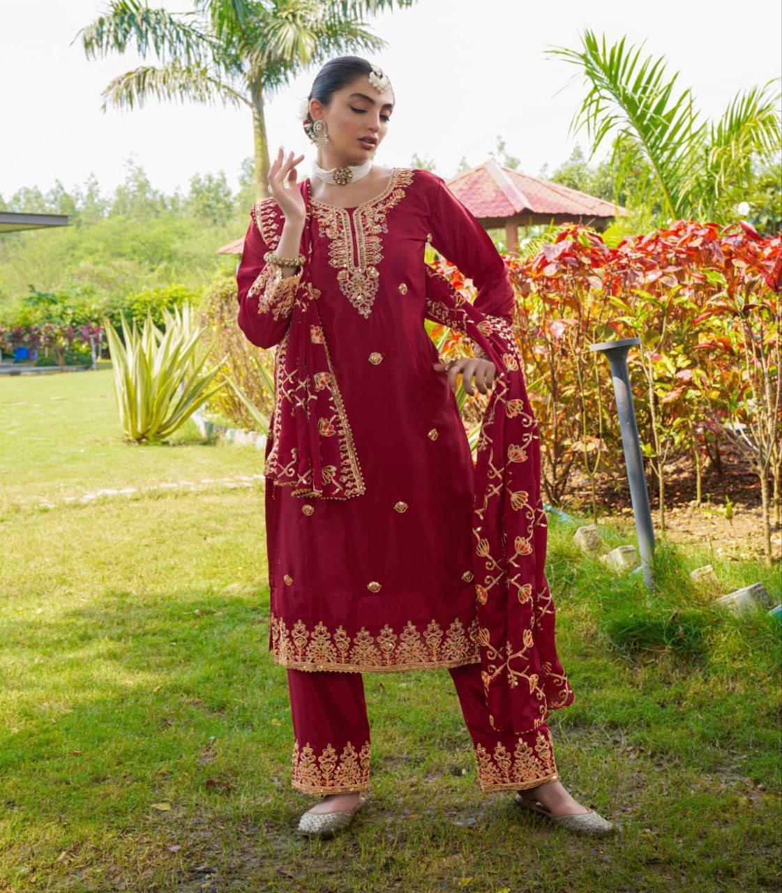 Women's Red Heavy Chinon Suit With Sequence Embroidered Work