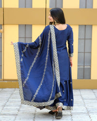 Blue Heavy Chinon Suit With Sequence Embroidered Work