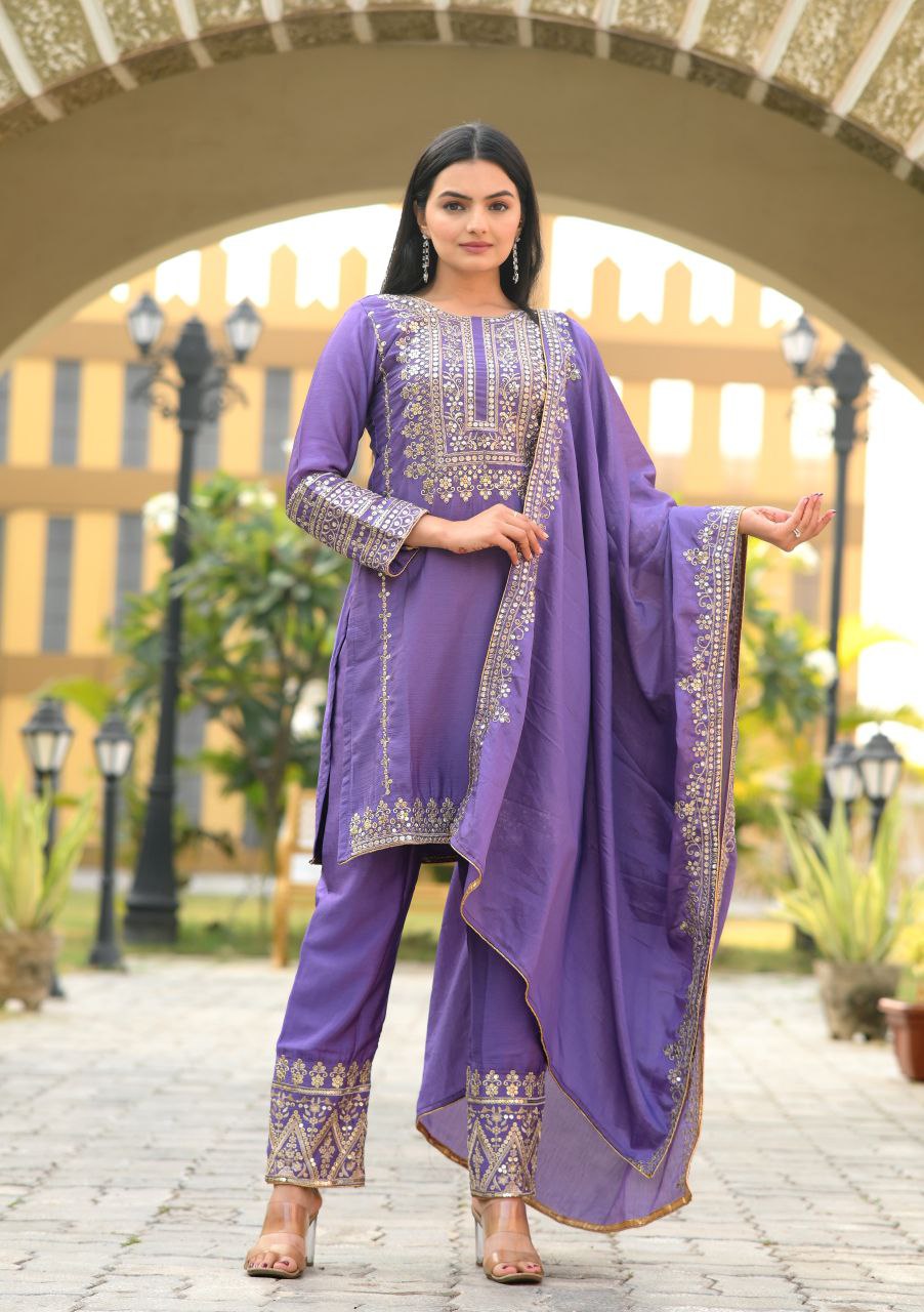 Beautiful Heavy Chinon Suit With Sequence Embroidered Work