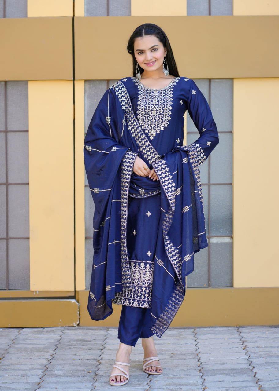 Heavy Chinon Suit With Sequence Embroidered Work 34 Blue