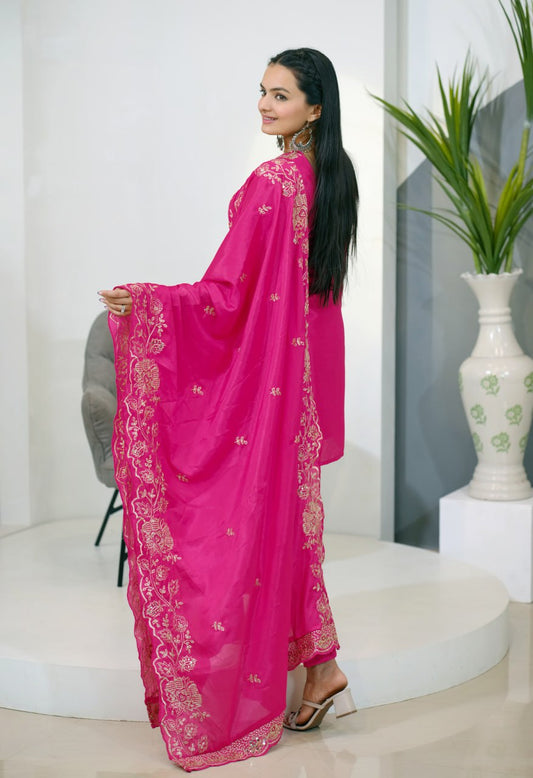 Heavy Chinon Suit With Sequence Embroidered Work 37 Pink