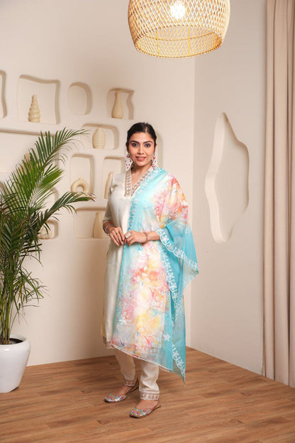 White Women's Chanderi Cotton Fabric Straight Kurta, Pant and Dupatta Set