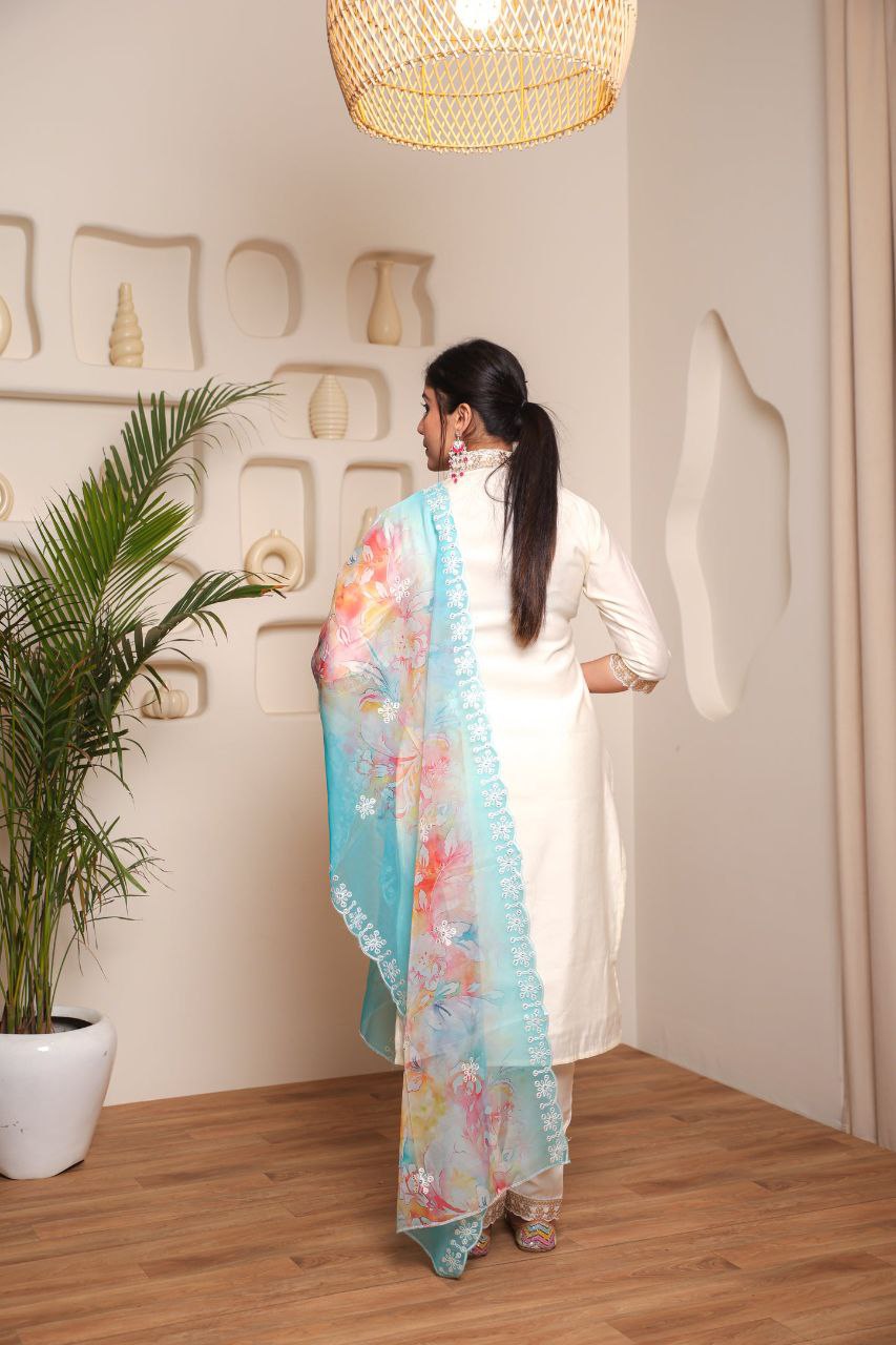 White Women's Chanderi Cotton Fabric Straight Kurta, Pant and Dupatta Set