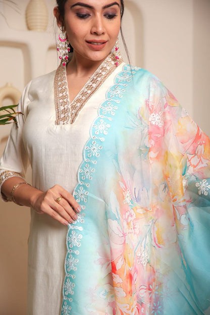 White Women's Chanderi Cotton Fabric Straight Kurta, Pant and Dupatta Set