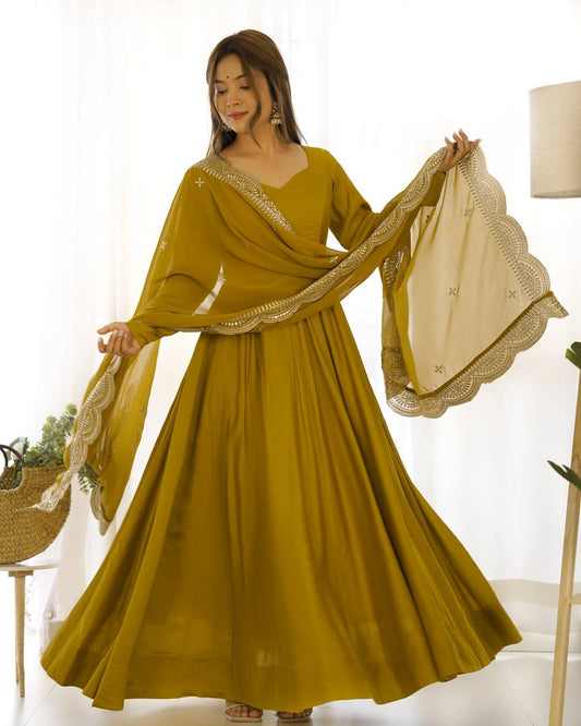 Mustard Long Sleeve Maxi Dress For Wedding Yellow Gown For Haldi Latest Yellow Trendy Dress For Haldi Ceremony Buy Yellow Gowns