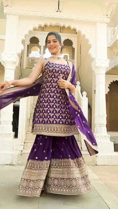 Women's Gorgeous Embroidery Work Fox Georgette Fabric Straight Kurta Sharara and Dupatta Set 5892