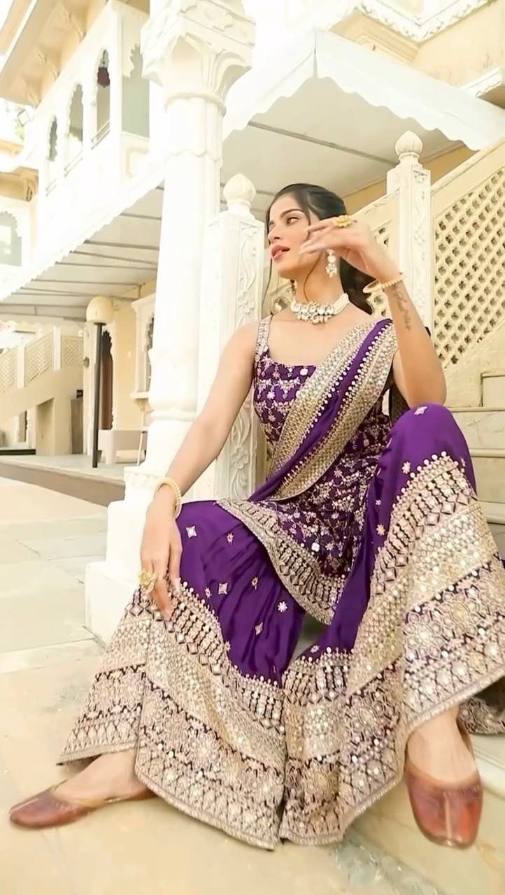 Women's Gorgeous Embroidery Work Fox Georgette Fabric Straight Kurta Sharara and Dupatta Set 5892