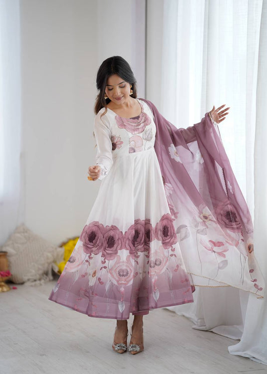 White Floral Anarkali Suit  Mauve Pink