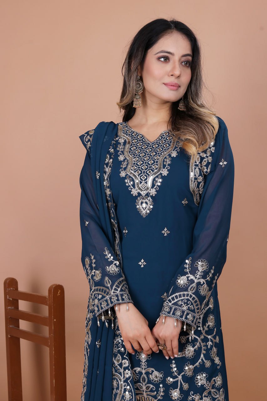 Women's Beautiful Embroidery Fox Georgette Fabric Straight Kurta Pant and Dupatta Set