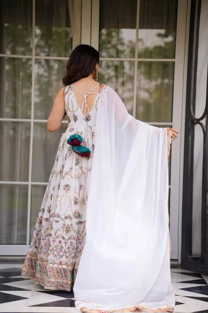 Women's Gorgeous Thread Work Fox Georgette Fabric Flared Anarkali Dupatta Set
