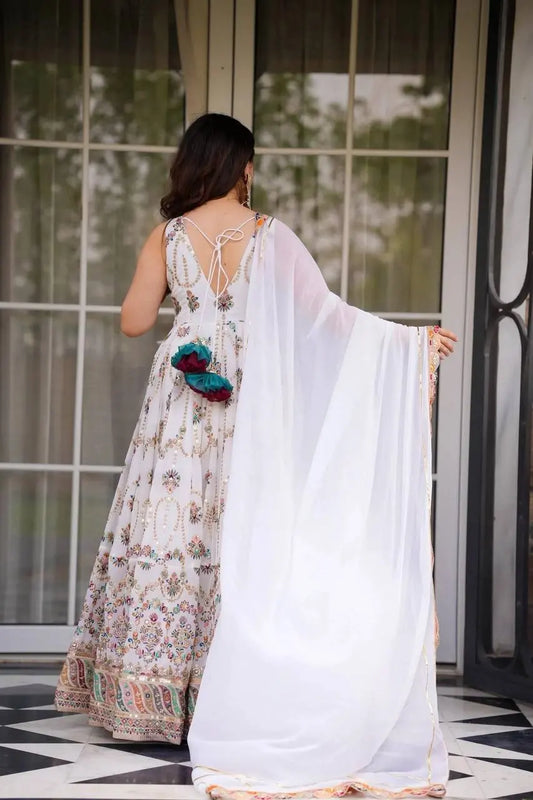Women's Gorgeous Thread Work Fox Georgette Fabric Flared Anarkali Dupatta Set