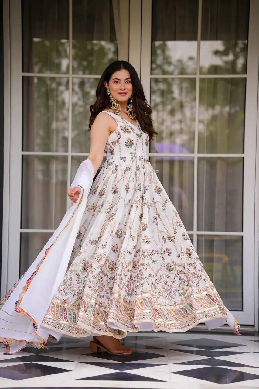 Women's Gorgeous Thread Work Fox Georgette Fabric Flared Anarkali Dupatta Set