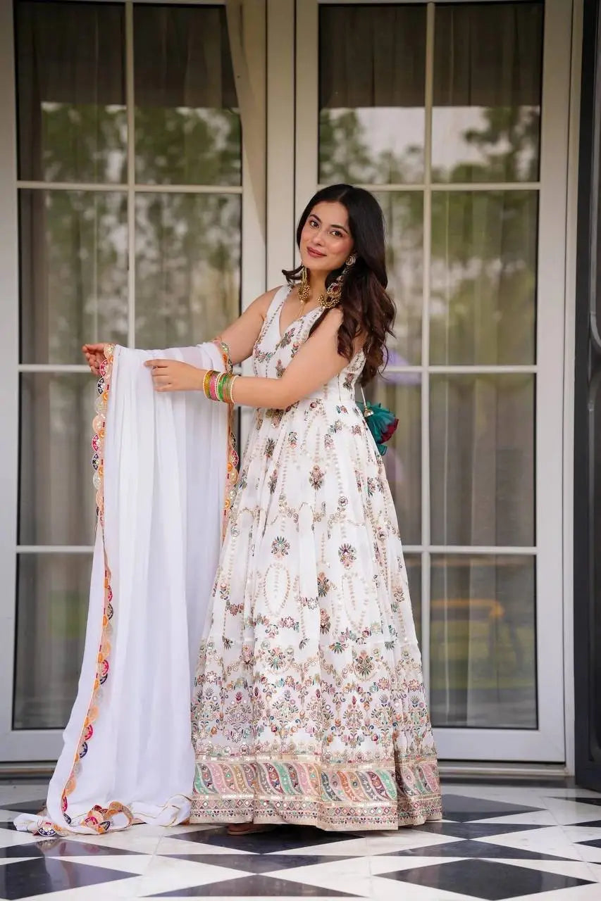 Women's Gorgeous Thread Work Fox Georgette Fabric Flared Anarkali Dupatta Set
