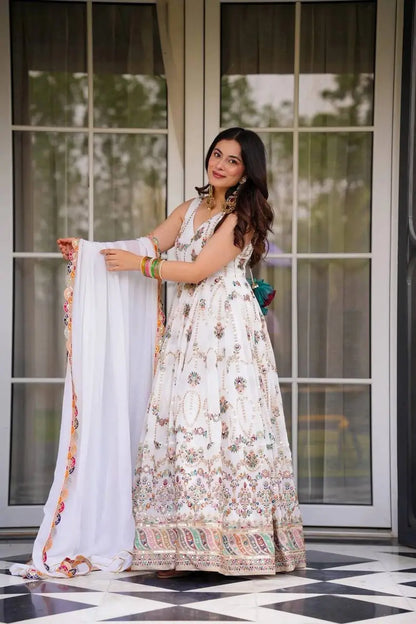 Women's Gorgeous Thread Work Fox Georgette Fabric Flared Anarkali Dupatta Set