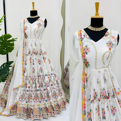 Women's Gorgeous Thread Work Fox Georgette Fabric Flared Anarkali Dupatta Set