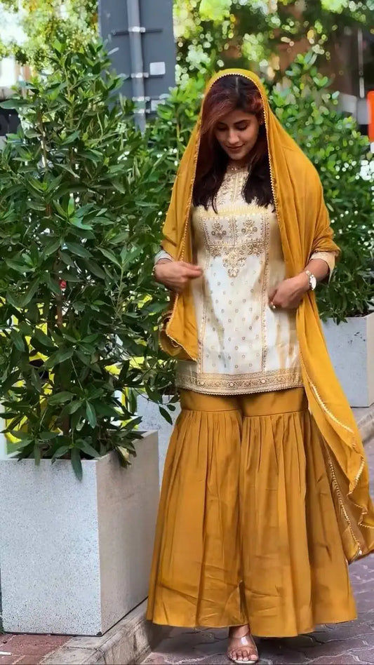 Women's Beautiful Thread Work Natural Crep Fabric Straight Kurta Sharara and Dupatta Set