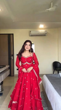 Women's Beautiful Thread Work Fox Georgette Fabric Flared Anarkali Pant and Dupatta Set