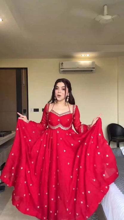Women's Beautiful Thread Work Fox Georgette Fabric Flared Anarkali Pant and Dupatta Set