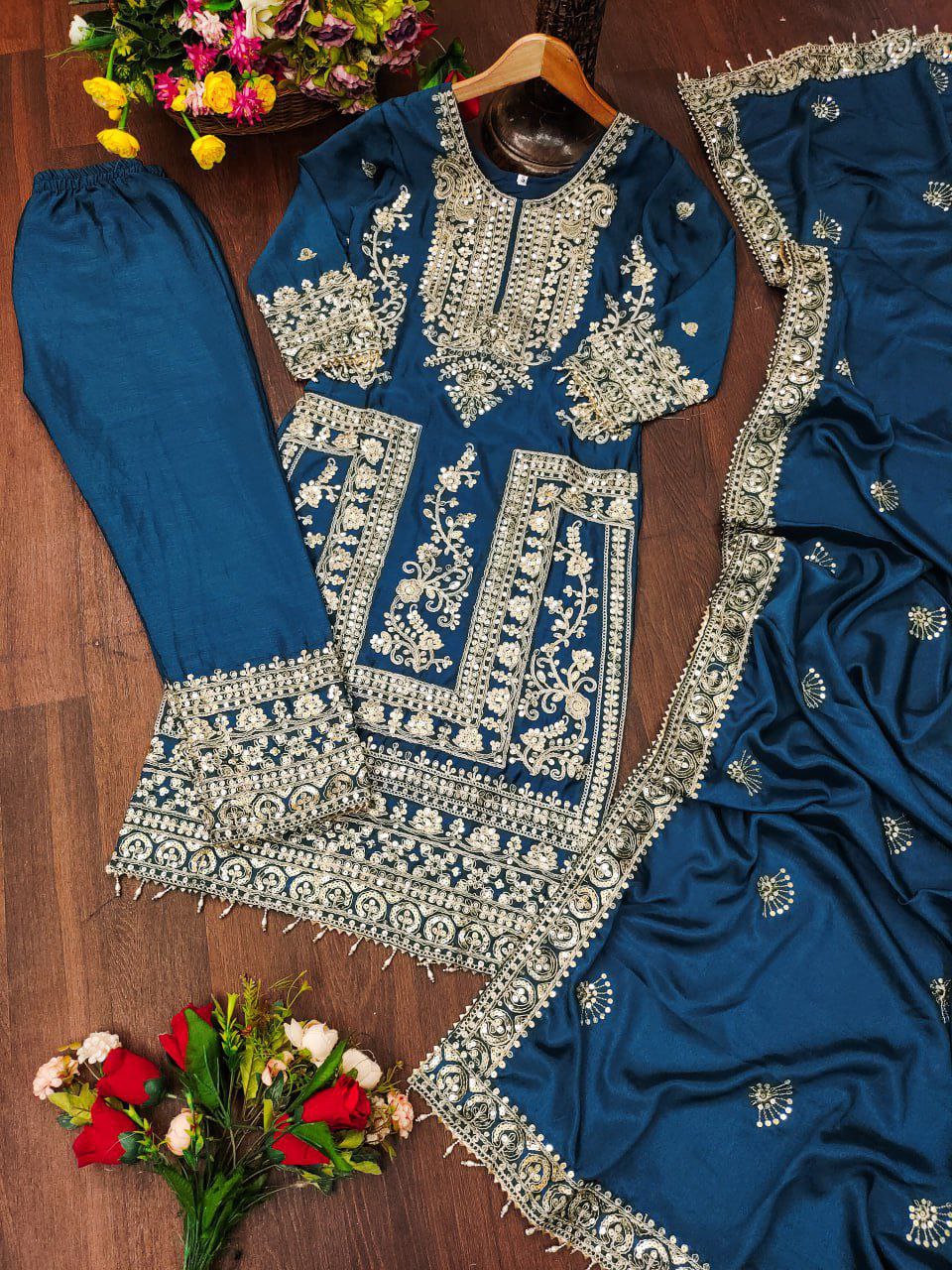 Gorgeous Heavy Chinon Suit With Sequence Embroidered Work