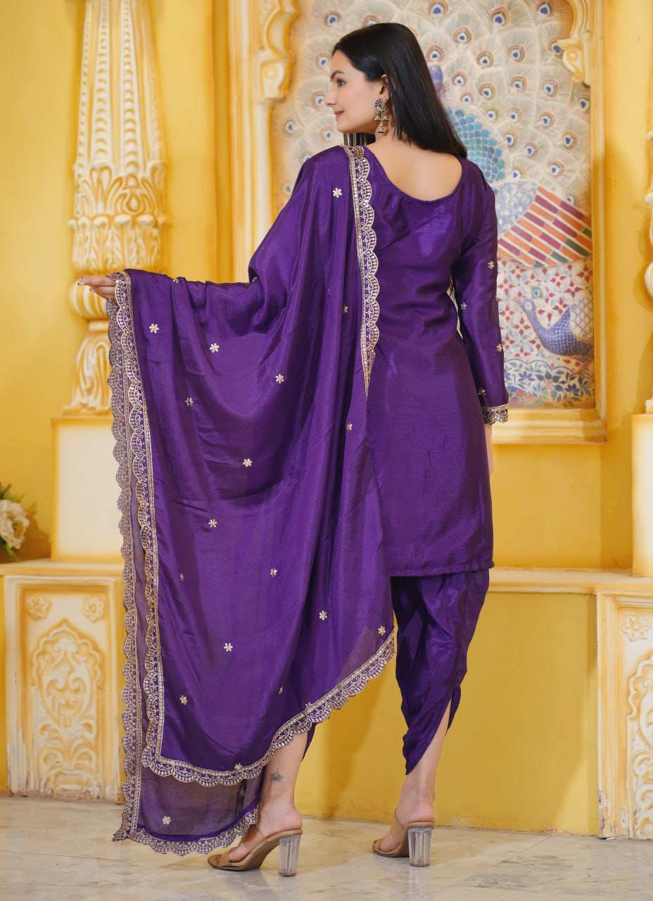 21 Purple Heavy Chinon Suit With Sequence Embroidered Work