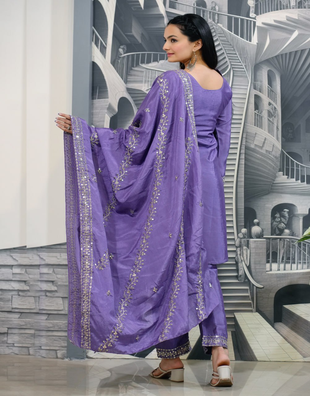 Heavy Chinon Suit With Sequence Embroidered Work 35 Lavender