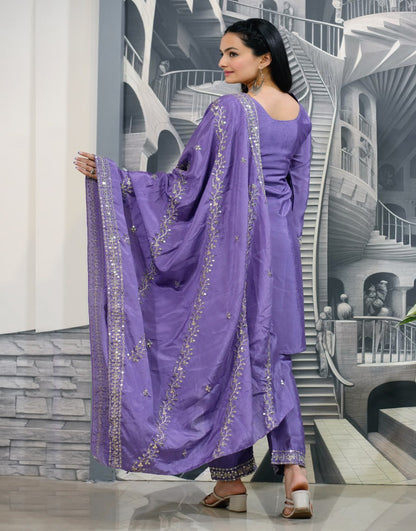 Heavy Chinon Suit With Sequence Embroidered Work 35 Lavender