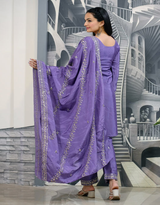 Heavy Chinon Suit With Sequence Embroidered Work 35 Lavender