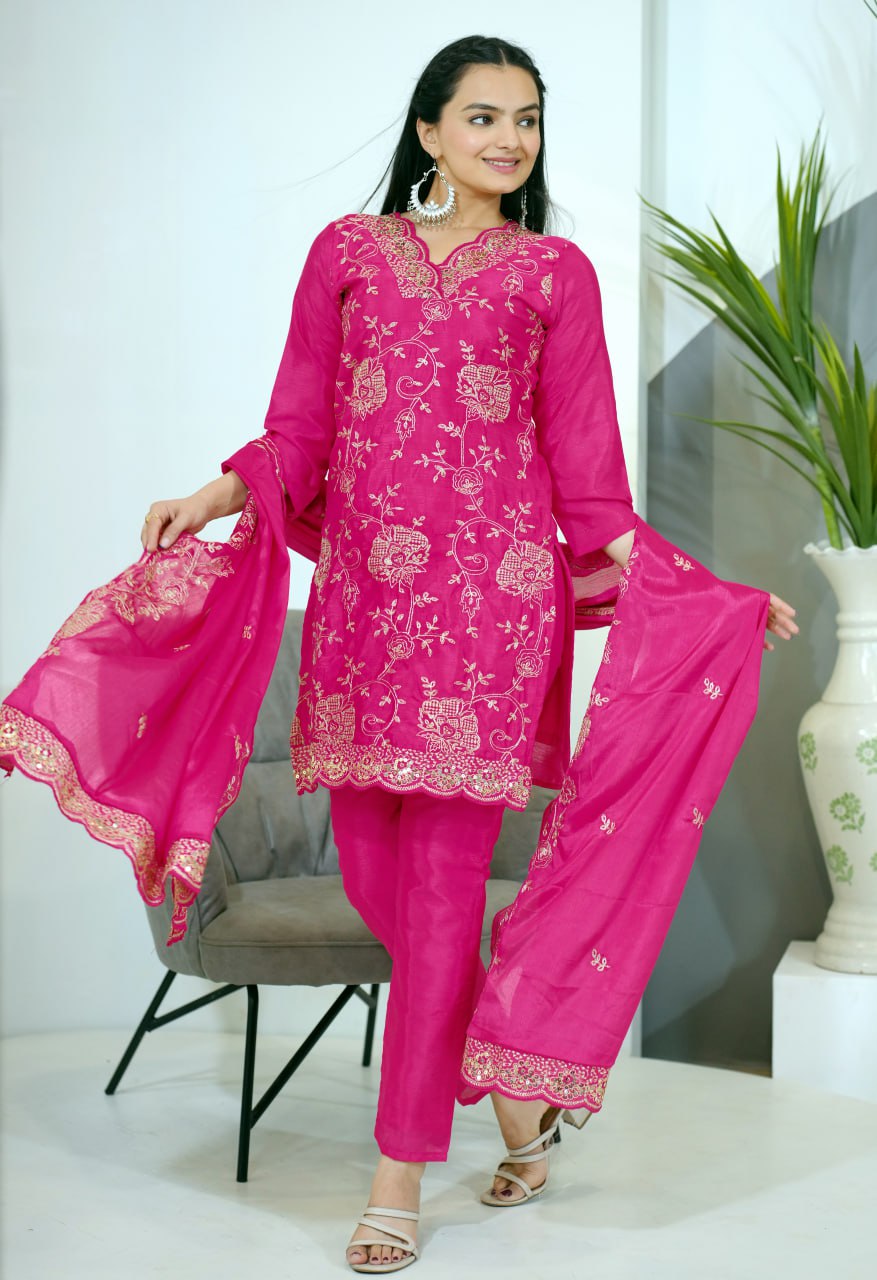 Heavy Chinon Suit With Sequence Embroidered Work 37 Pink