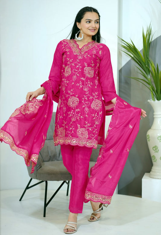 Heavy Chinon Suit With Sequence Embroidered Work 37 Pink