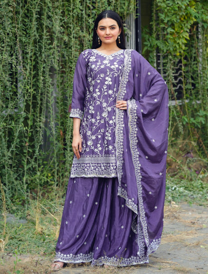 Beautiful Heavy Chinon Suit With Sequence Embroidered Work 44 Purple