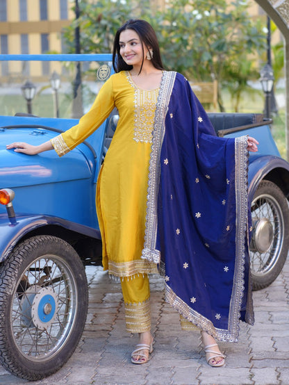 Heavy Chinon Suit With Sequence Embroidered Work 46 Yellow