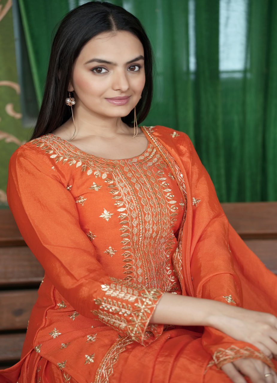Heavy Chinon Suit With Sequence Embroidered Work 51 Orange
