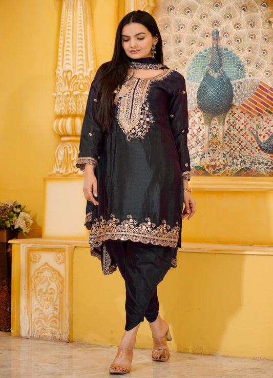 21 Black Heavy Chinon Suit With Sequence Embroidered Work