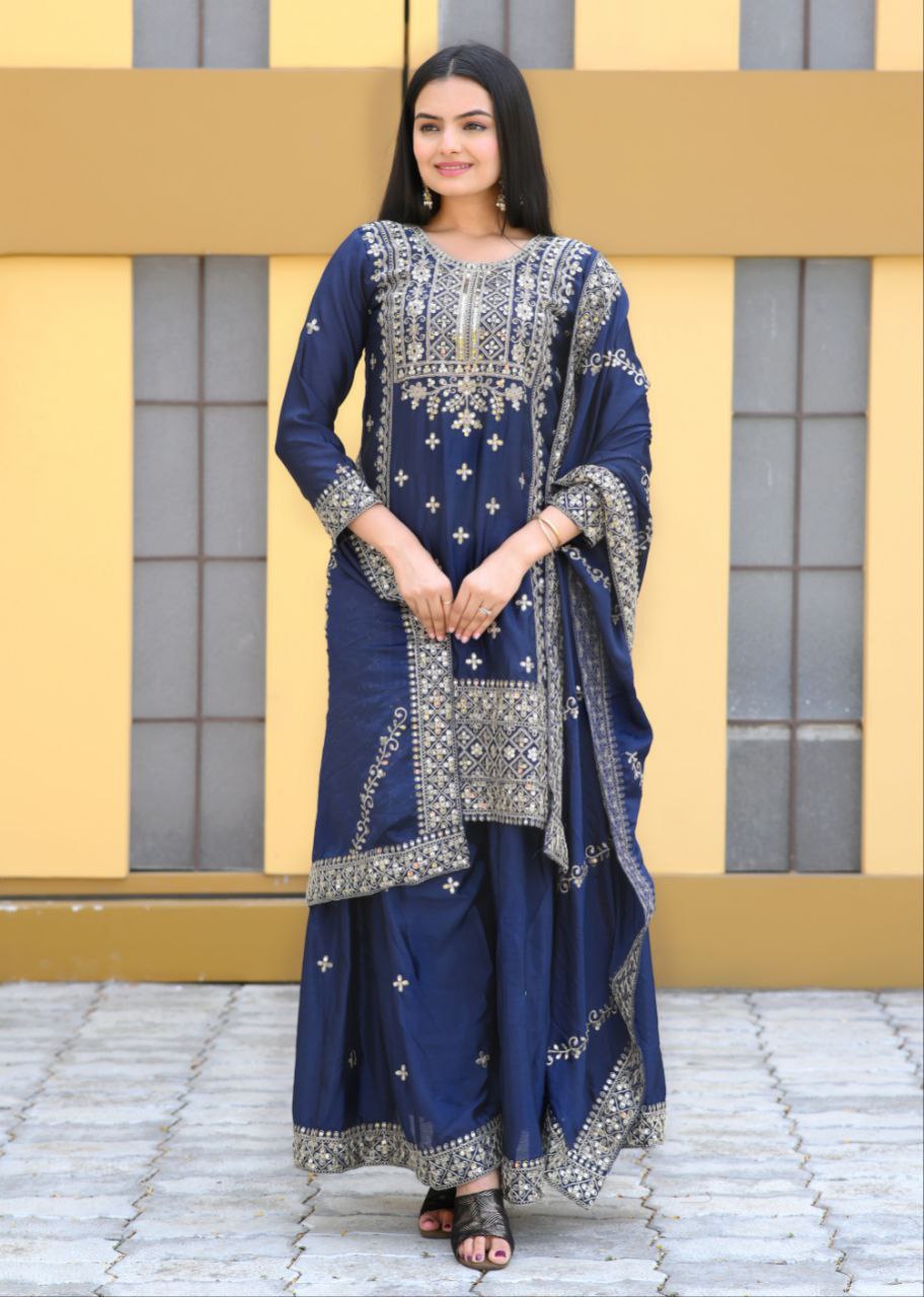 Blue Heavy Chinon Suit With Sequence Embroidered Work