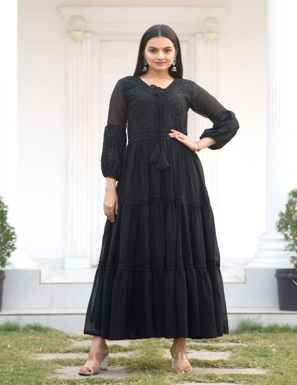 Fox Georgette with Flarred Suit With Chikankari work