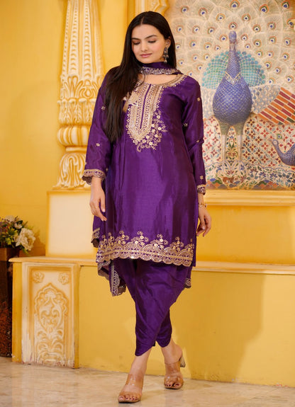 21 Purple Heavy Chinon Suit With Sequence Embroidered Work