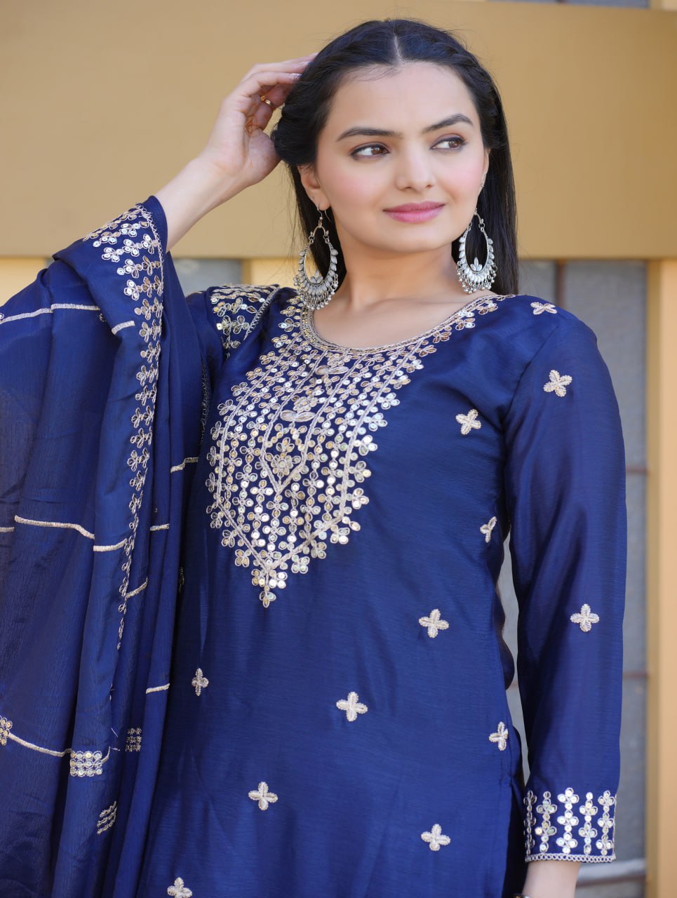 Heavy Chinon Suit With Sequence Embroidered Work 34 Blue