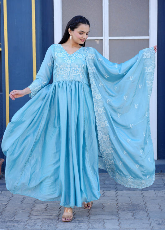 Gorgeous Flarred Sky Blue Heavy Chinon Anarkali With Sequence Thread Work