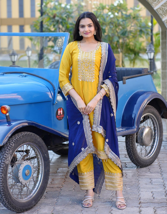 Heavy Chinon Suit With Sequence Embroidered Work 46 Yellow