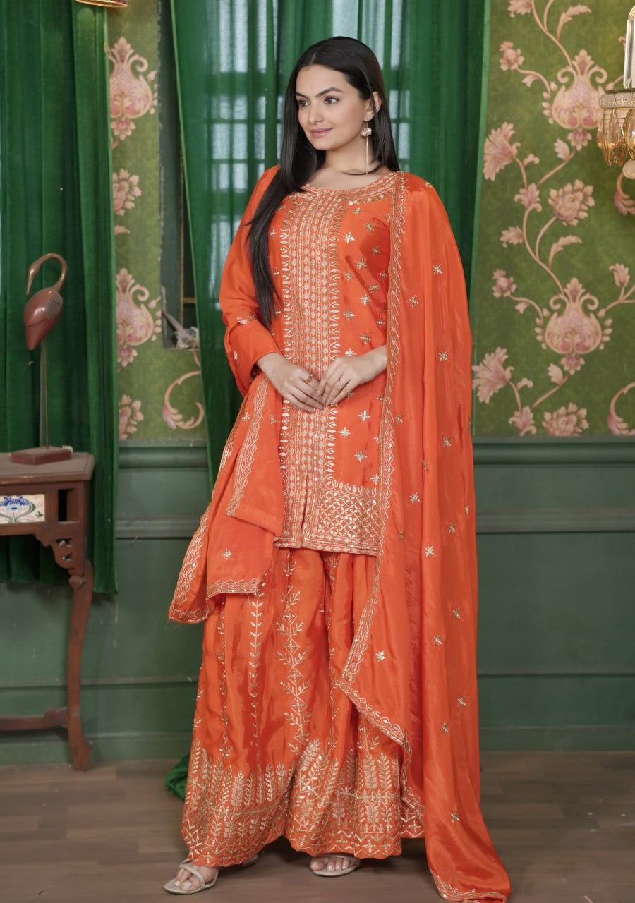 Heavy Chinon Suit With Sequence Embroidered Work 51 Orange