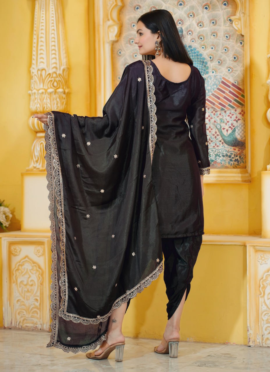 21 Black Heavy Chinon Suit With Sequence Embroidered Work