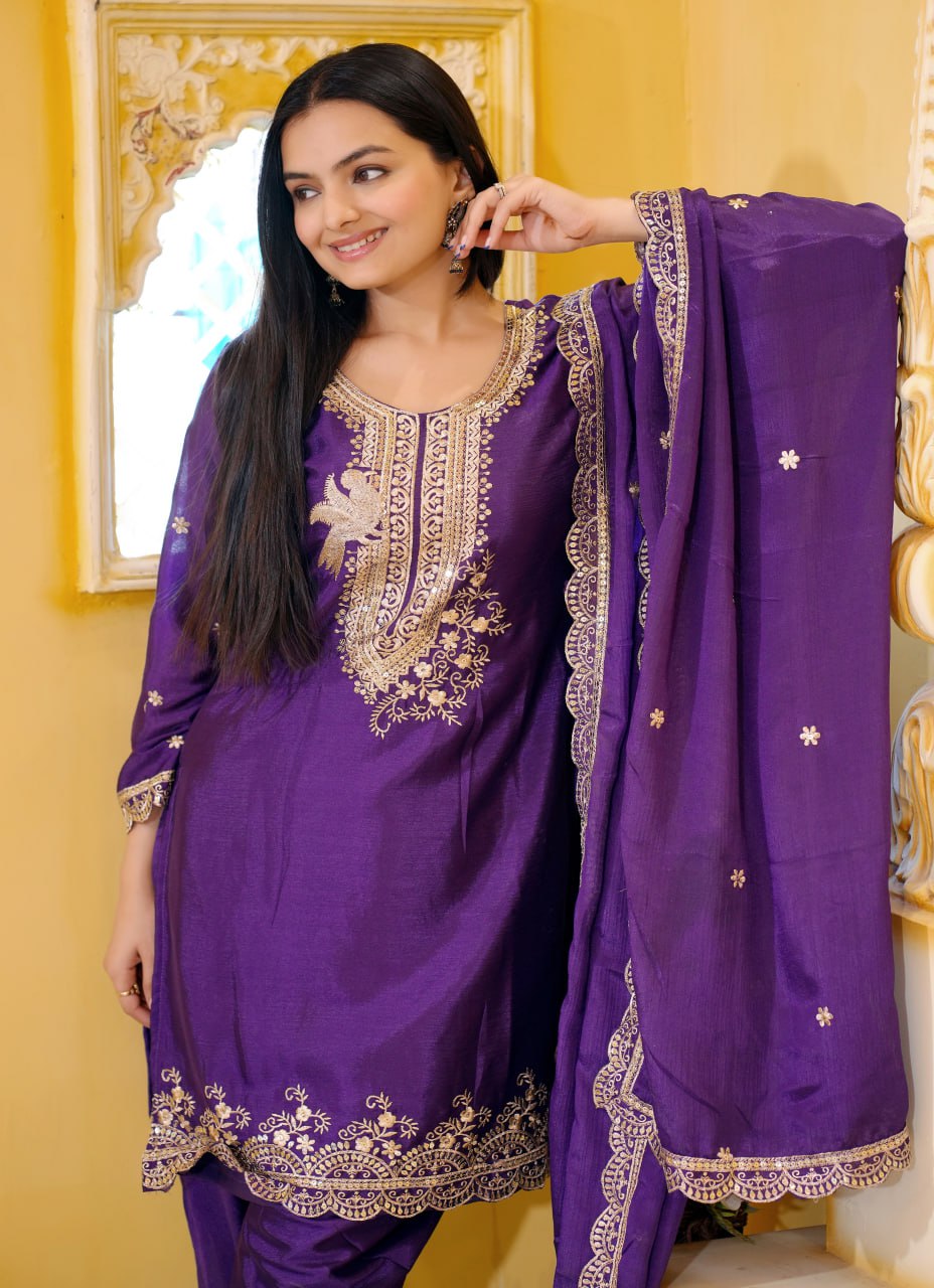 21 Purple Heavy Chinon Suit With Sequence Embroidered Work