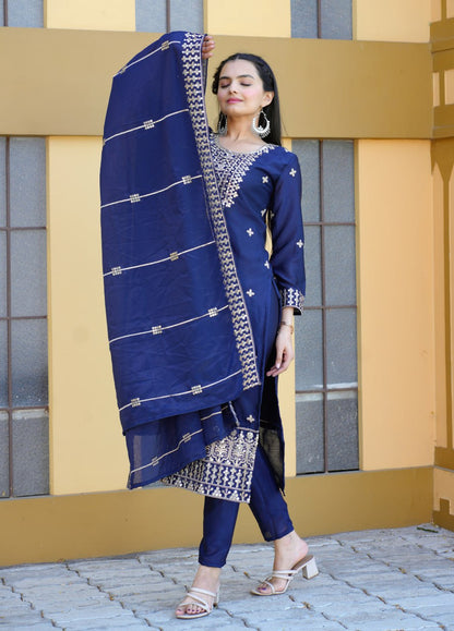 Heavy Chinon Suit With Sequence Embroidered Work 34 Blue