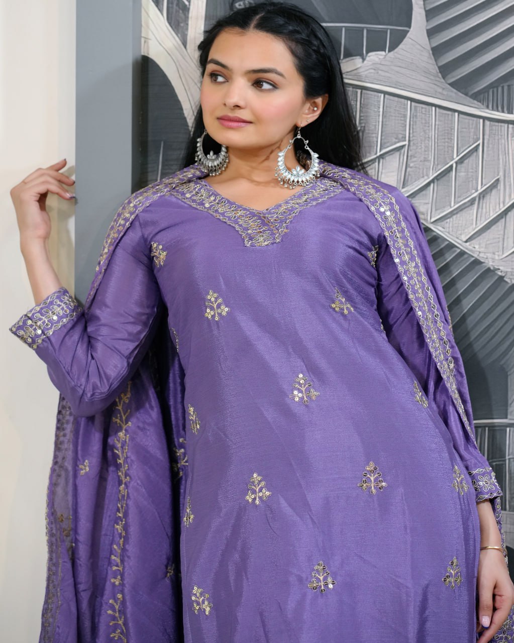 Heavy Chinon Suit With Sequence Embroidered Work 35 Lavender