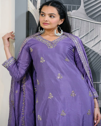 Heavy Chinon Suit With Sequence Embroidered Work 35 Lavender