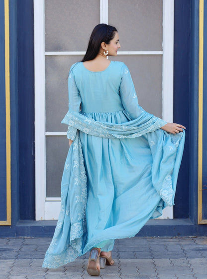 Gorgeous Flarred Sky Blue Heavy Chinon Anarkali With Sequence Thread Work