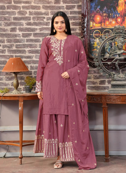Heavy Chinon Suit With Sequence Embroidered Work 42 Onion